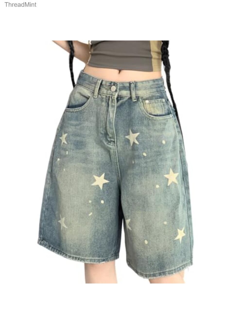 Y2K High Rise Wide Leg Star Graphic Jean Bermuda Shorts Grunge Streetwear